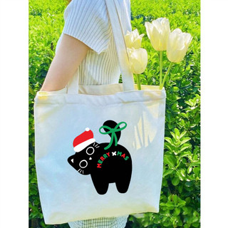 Túi tote, Túi vải bố canvas cotton Noel mèo đen merry xmas đeo vai đi học đi chơi thời trang đựng vừa A4 - tota2061
