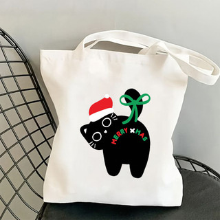 Túi tote, Túi vải bố canvas cotton Noel mèo đen merry xmas đeo vai đi học đi chơi thời trang đựng vừa A4 - tota2061