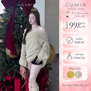 Áo len trễ vai GUMIN thiết kế áo dáng rộng dài tay đính nhũ kim sa cao cấp, Áo len trễ vai thu đông dày dặn sang trọng
