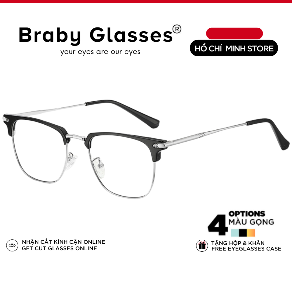 Gọng kính cận nửa gọng vuông nam nữ Braby Glasses chất liệu kim loại gọng mảnh họa tiết sang trọng thời thượng MK103