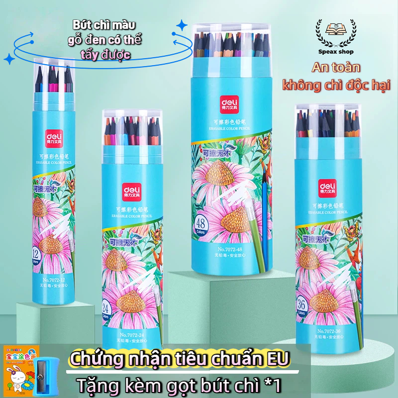 Bút Chì Màu Xóa Được Deli – 12/24/36/48 Màu, Lõi Chì Dày, Màu Tươi