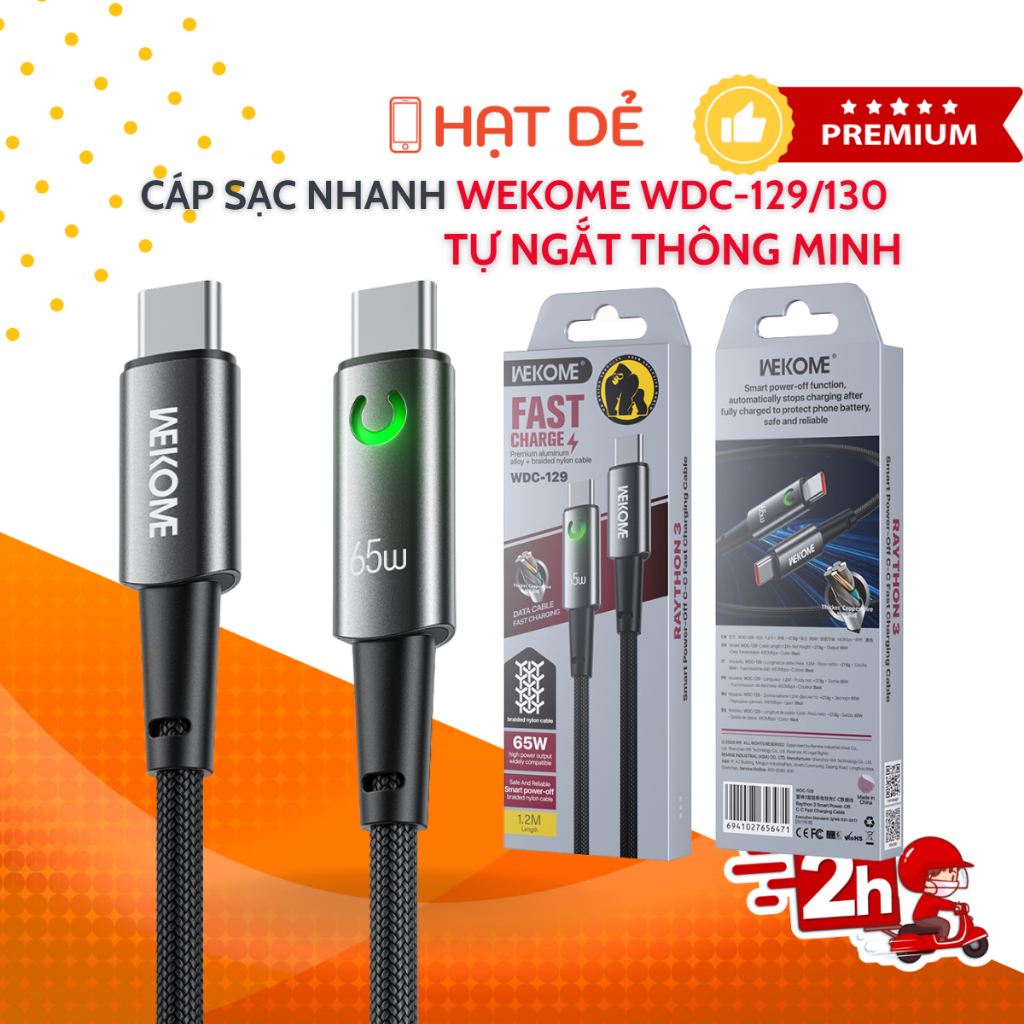Cáp Sạc Tự Ngắt Thông Minh WEKOME WDC-129 65W C-C / WDC-130 35W C-L – Dây 1.2m, Sạc Nhanh, Bền Bỉ