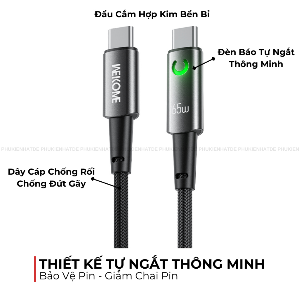 Cáp Sạc Tự Ngắt Thông Minh WEKOME WDC-129 65W C-C / WDC-130 35W C-L – Dây 1.2m, Sạc Nhanh, Bền Bỉ