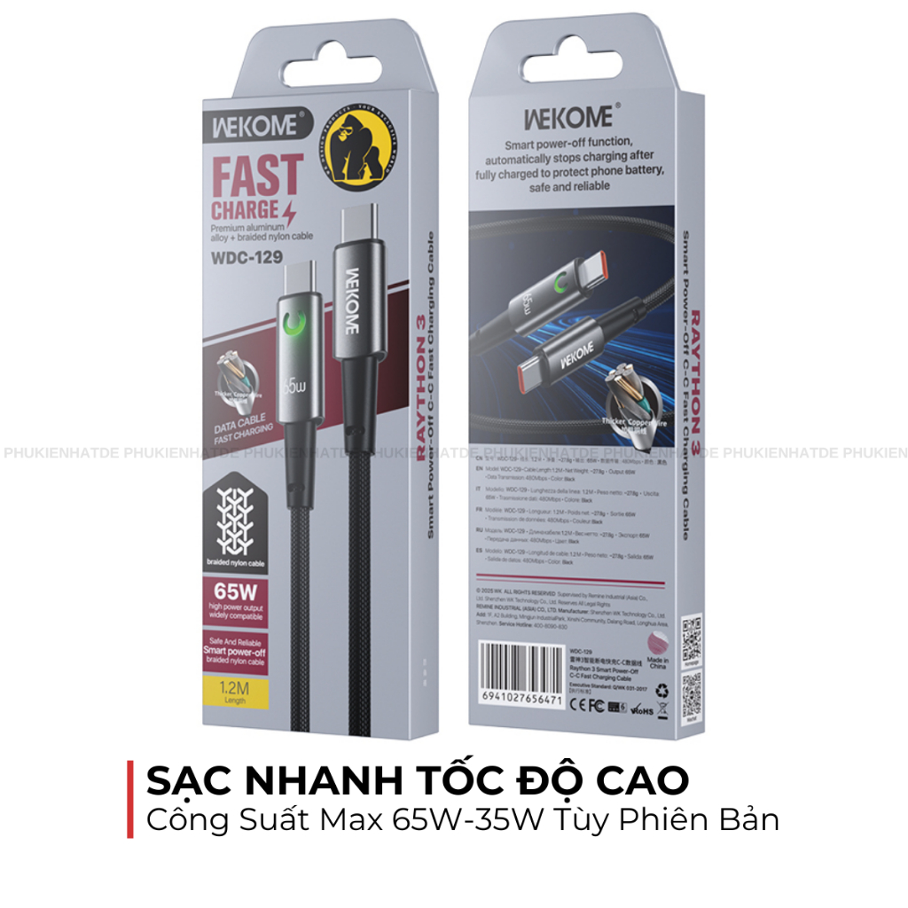 Cáp Sạc Tự Ngắt Thông Minh WEKOME WDC-129 65W C-C / WDC-130 35W C-L – Dây 1.2m, Sạc Nhanh, Bền Bỉ
