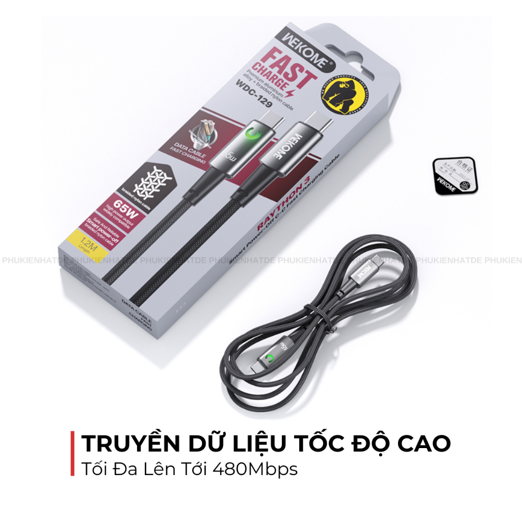 Cáp Sạc Tự Ngắt Thông Minh WEKOME WDC-129 65W C-C / WDC-130 35W C-L – Dây 1.2m, Sạc Nhanh, Bền Bỉ