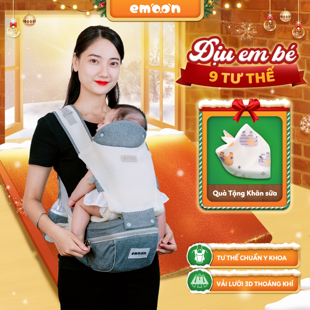 Địu em bé sơ sinh EMOON, đa năng có 9 tư thế chống gù cho bé từ 0-3 tuổi tư thế gọn nhẹ bề mặt vải 3D thoáng khí mềm mại