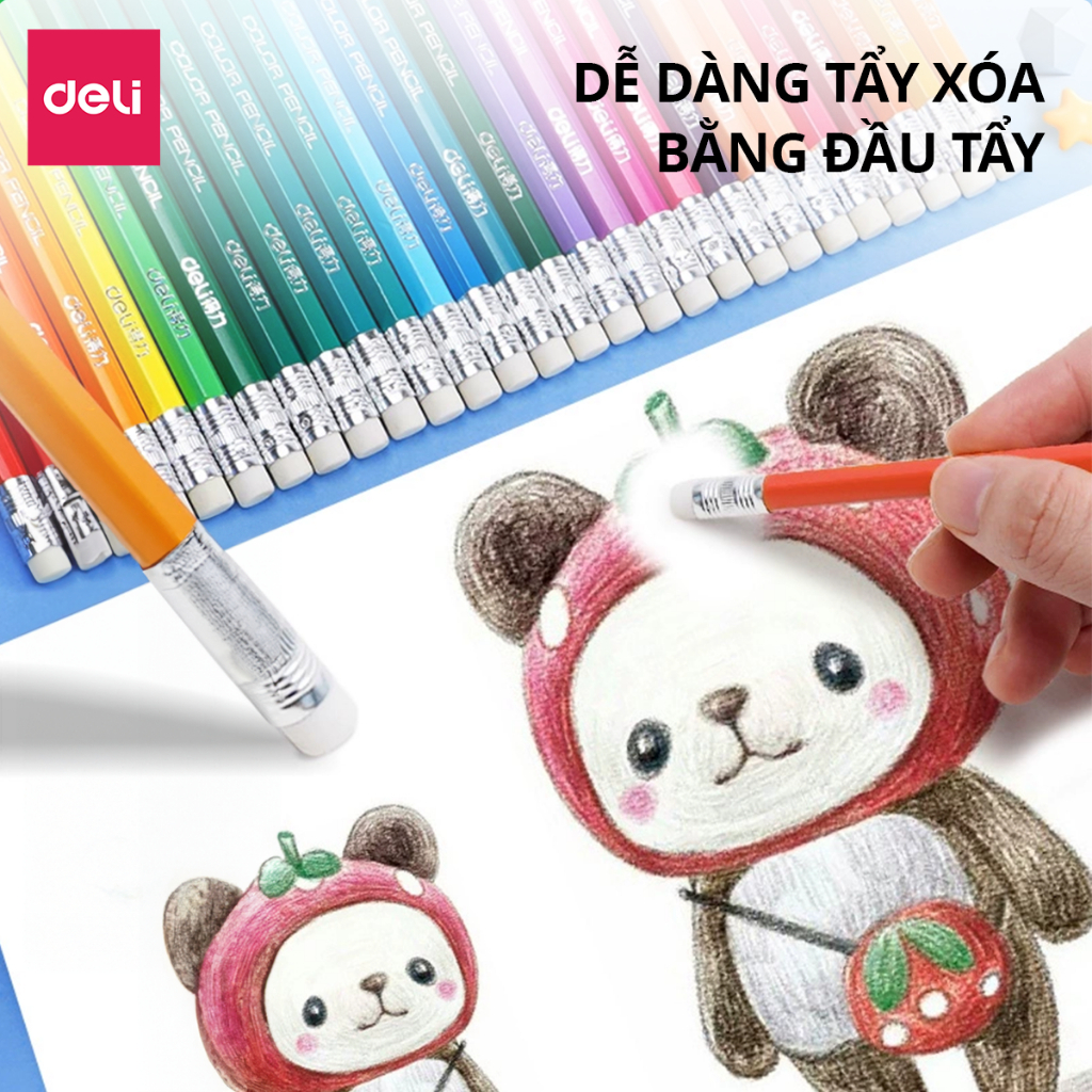Bút Chì Màu Xóa Được Deli – 12/24/36/48 Màu, Lõi Chì Dày, Màu Tươi