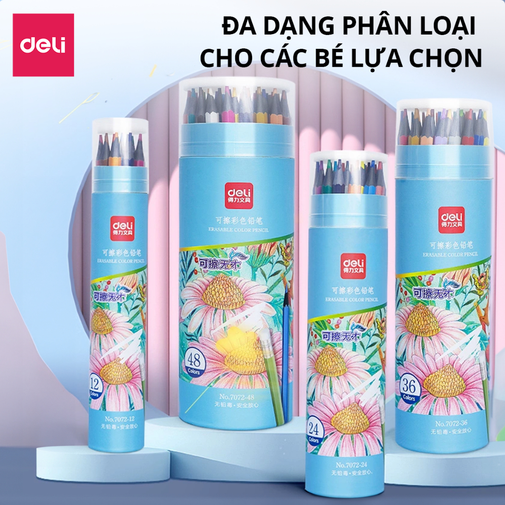 Bút Chì Màu Xóa Được Deli – 12/24/36/48 Màu, Lõi Chì Dày, Màu Tươi