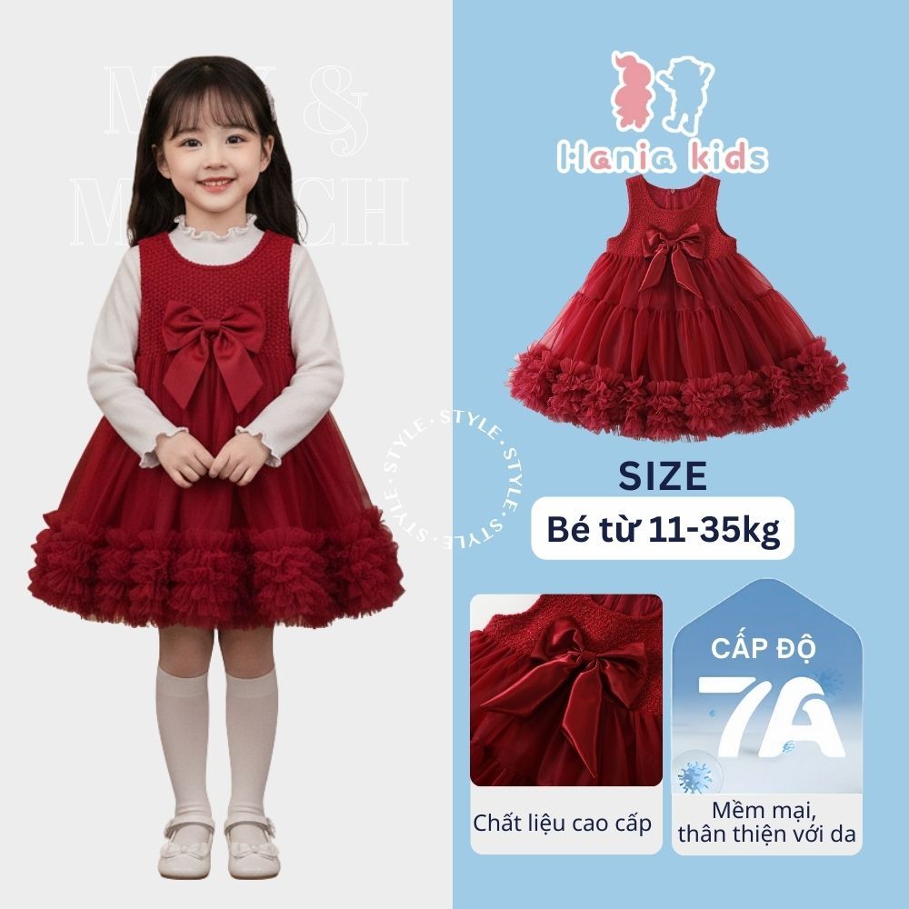 Váy Công Chúa Cho Bé Gái HANIA KIDS,Váy Sát Nách Bồng Bềnh Đính Nơ Chắc Chắn Cho Bé Voan Xòe
