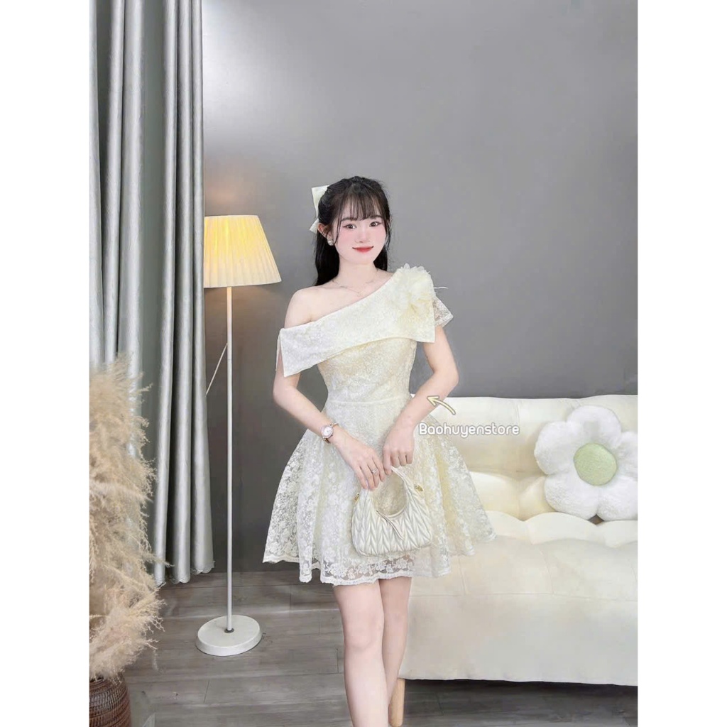 Đầm ren lệch vai dáng xòe thiết kế tiểu thư sang chảnh – tôn dáng đi tiệc, dự sự kiện cực nổi bật dx