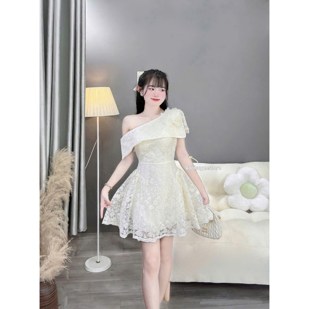 Đầm ren lệch vai dáng xòe thiết kế tiểu thư sang chảnh – tôn dáng đi tiệc, dự sự kiện cực nổi bật dx