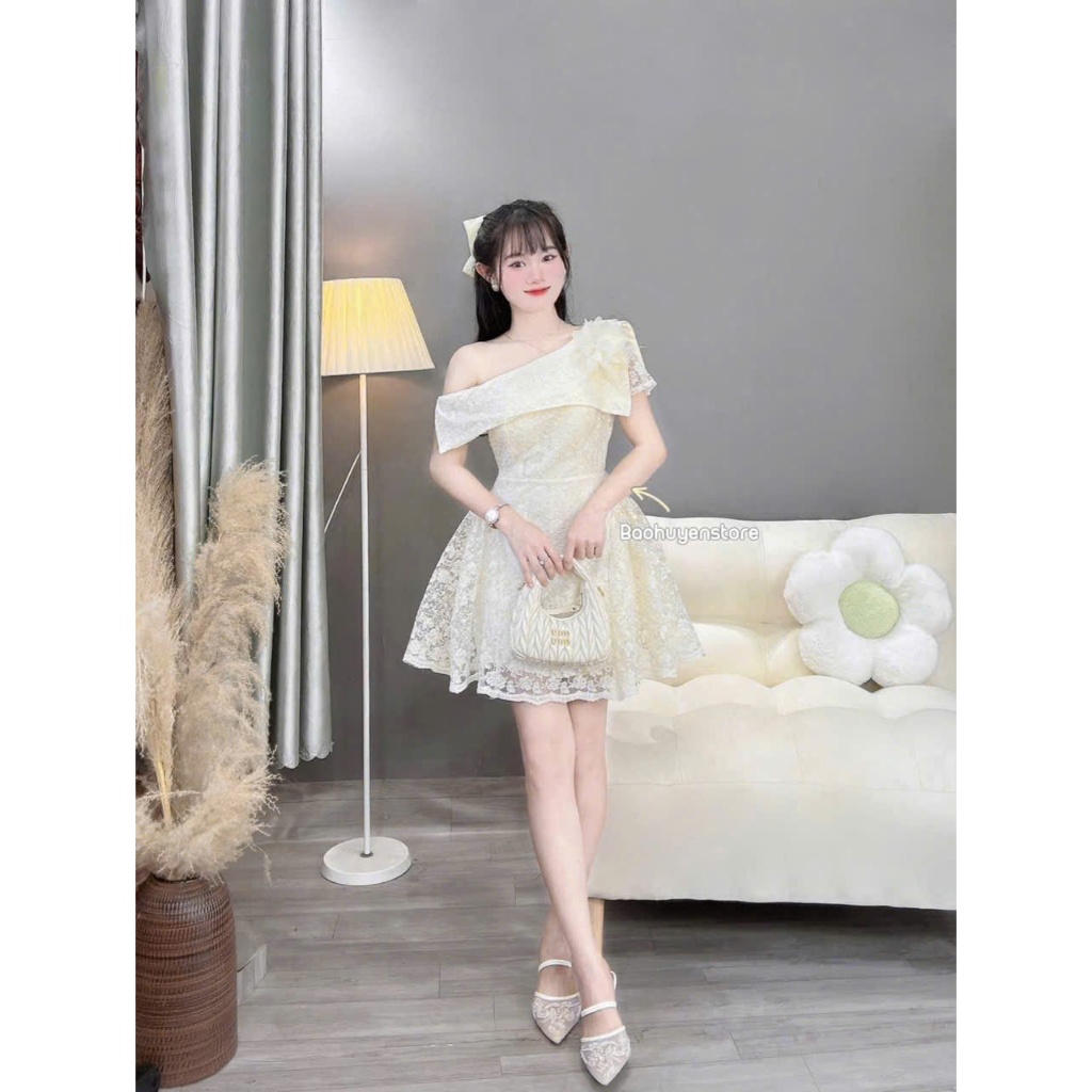 Đầm ren lệch vai dáng xòe thiết kế tiểu thư sang chảnh – tôn dáng đi tiệc, dự sự kiện cực nổi bật dx
