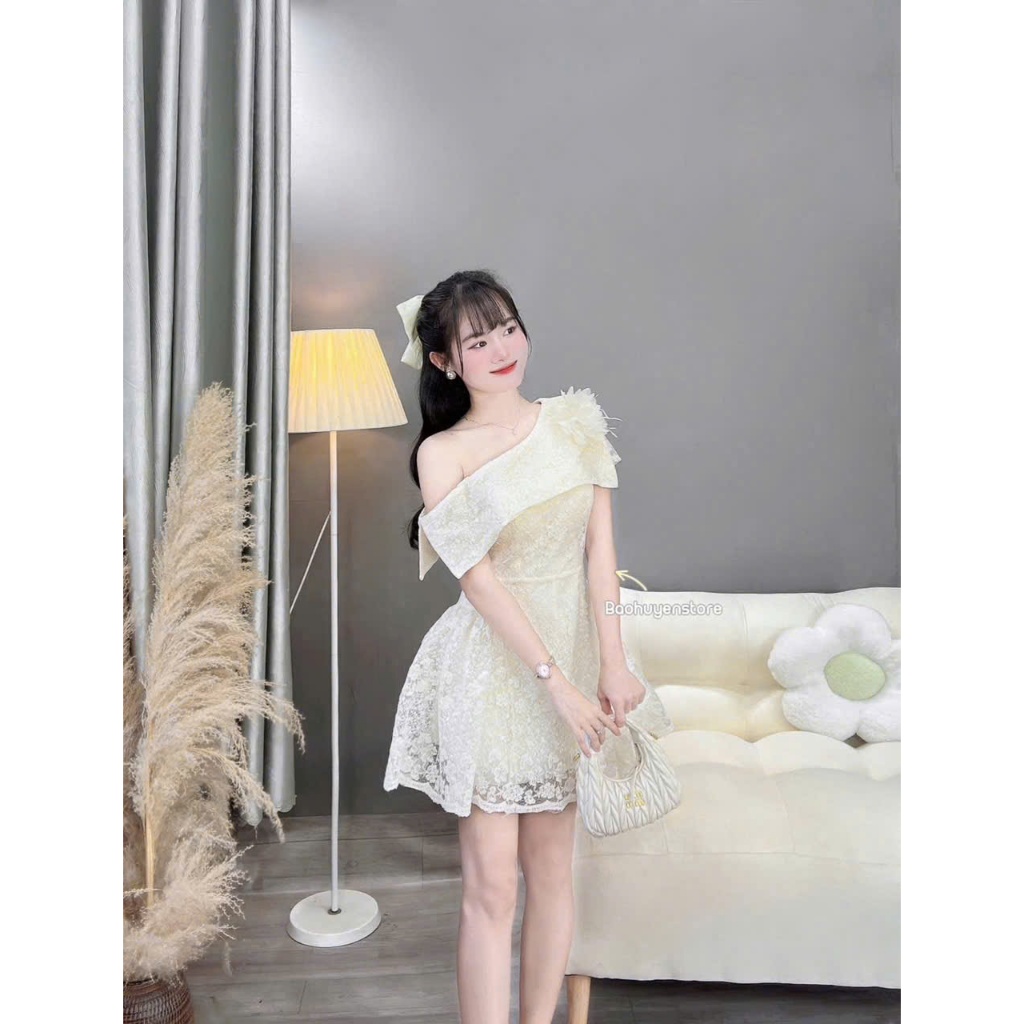 Đầm ren lệch vai dáng xòe thiết kế tiểu thư sang chảnh – tôn dáng đi tiệc, dự sự kiện cực nổi bật dx