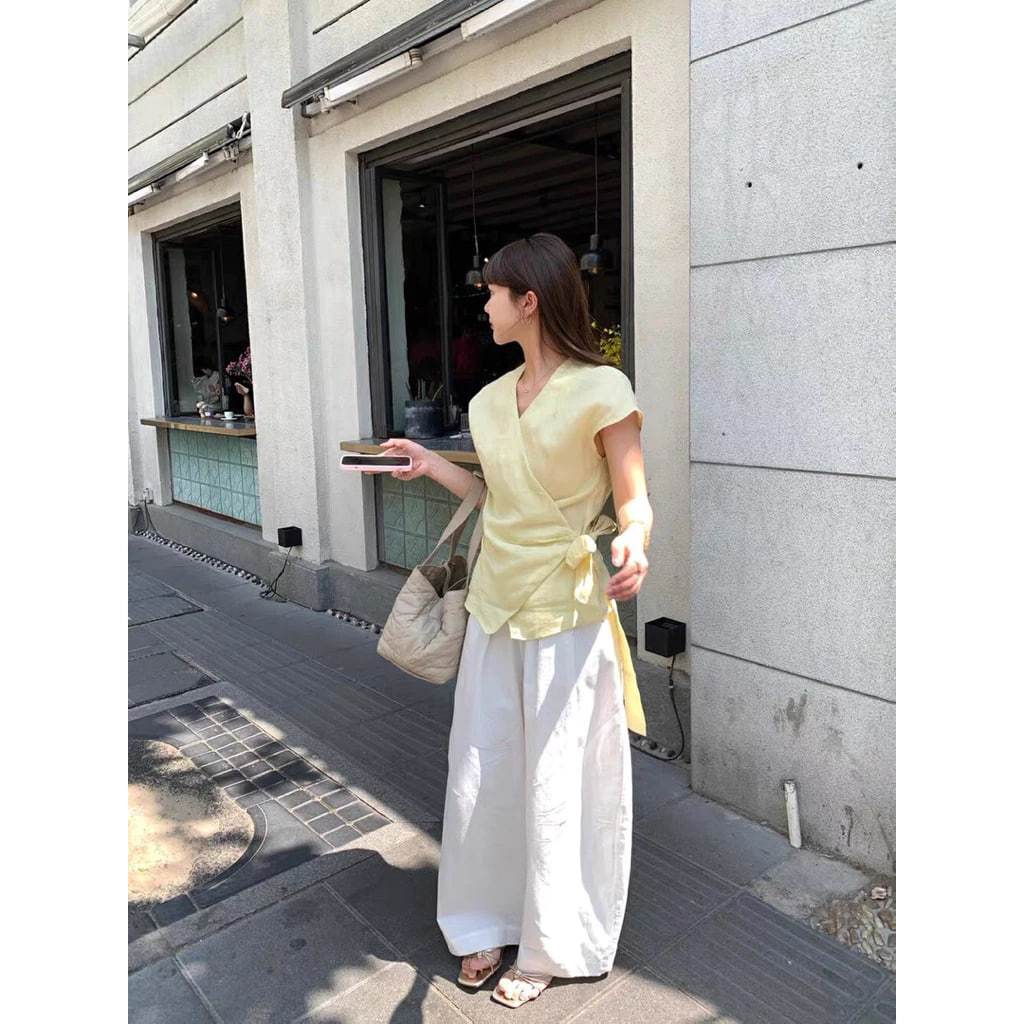 𝗖𝗵𝗶𝗻𝗰𝗵𝘂 - Áo Linen thắt eo nơ lệch tà