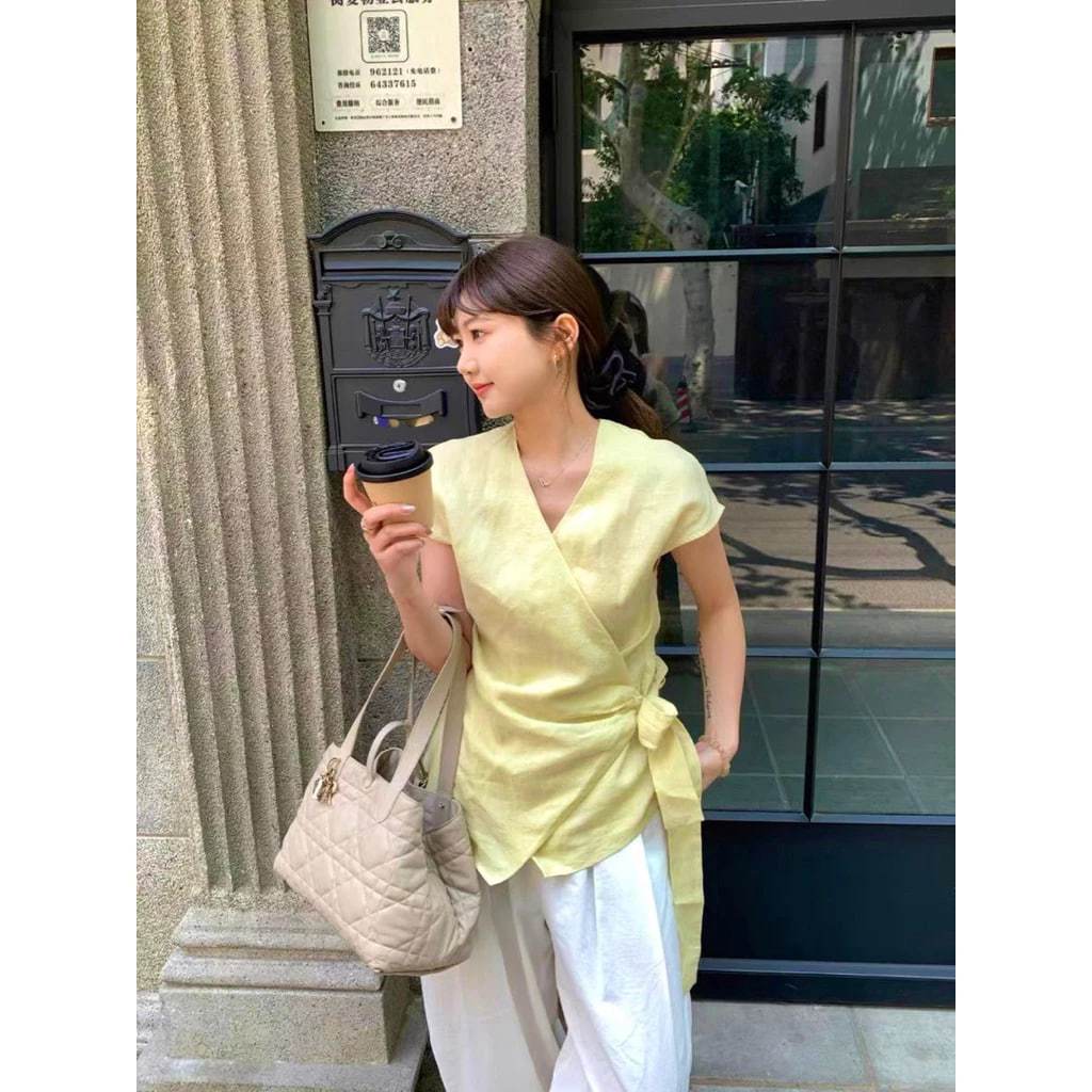 𝗖𝗵𝗶𝗻𝗰𝗵𝘂 - Áo Linen thắt eo nơ lệch tà