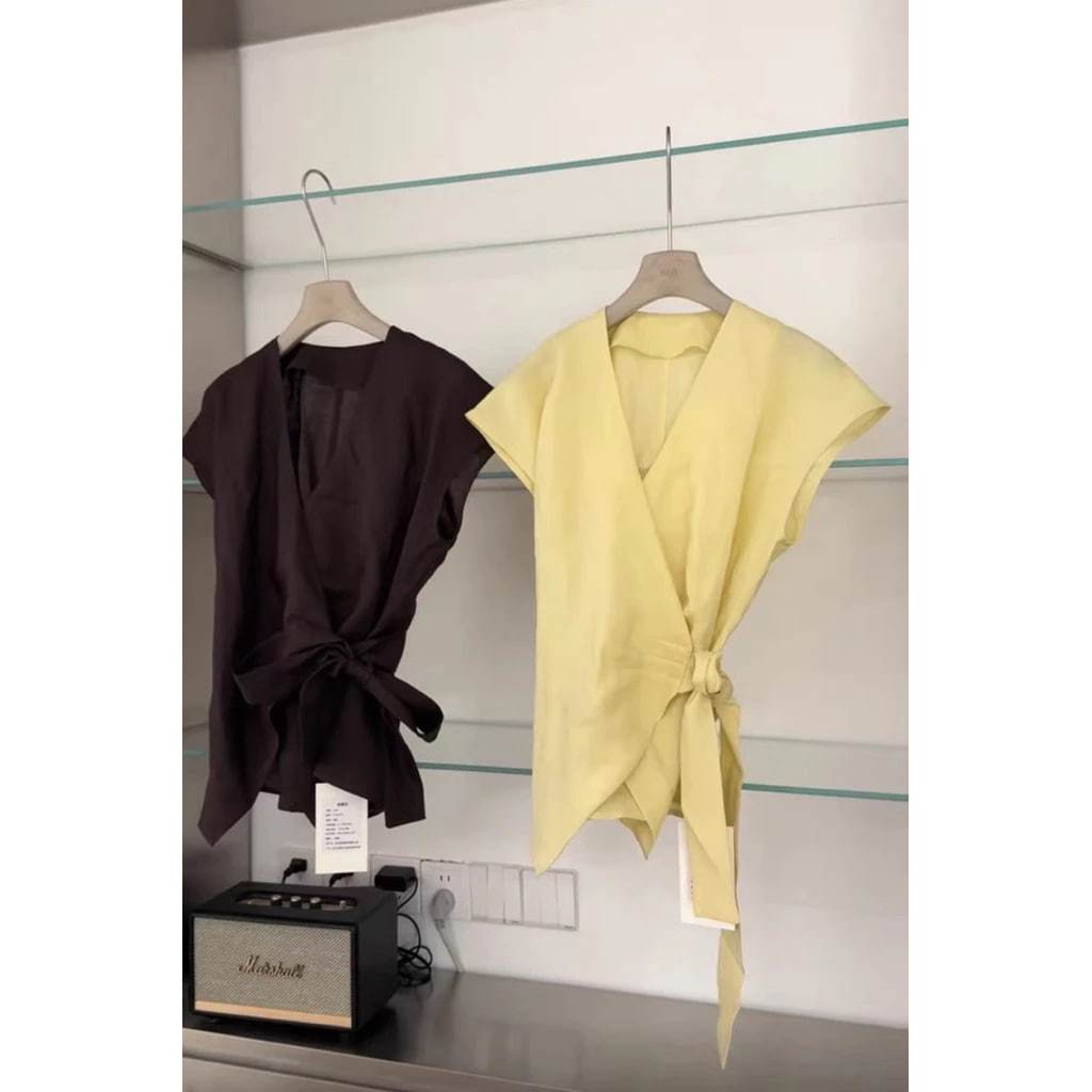 𝗖𝗵𝗶𝗻𝗰𝗵𝘂 - Áo Linen thắt eo nơ lệch tà
