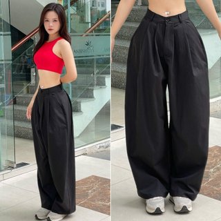 Quần ống cong dáng rộng GladimaxLY177 Nhún ly trước sau cá tính  Kaki Dày Dặn Sóng Giặt Máy Thoải Mái Phong Cách Đi Làm