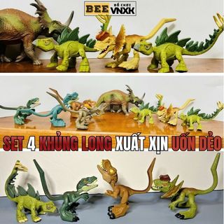 Set 4 mô hình Khủng long uốn dẻo mini T-Rex, Stegosaurus, Dilophosaurus xuất dư - BEE VNXK