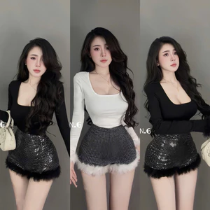 Bộ nữ đi chơi dài tay viền lông cổ vuông mix sooc bling a10