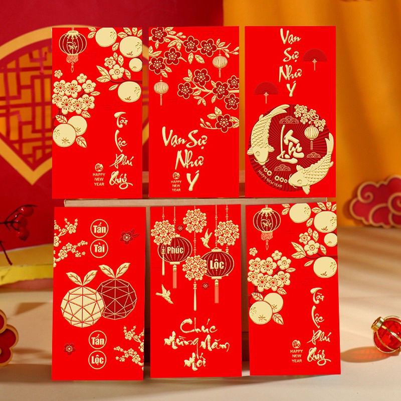 6 Bao Lì Xì Chữ Nổi 3D Phong Bao Lì Xì Nhung Đỏ Chữ Dập Nổi 3D Tết 2026 Bính Ngọ - PUPU HOUSE