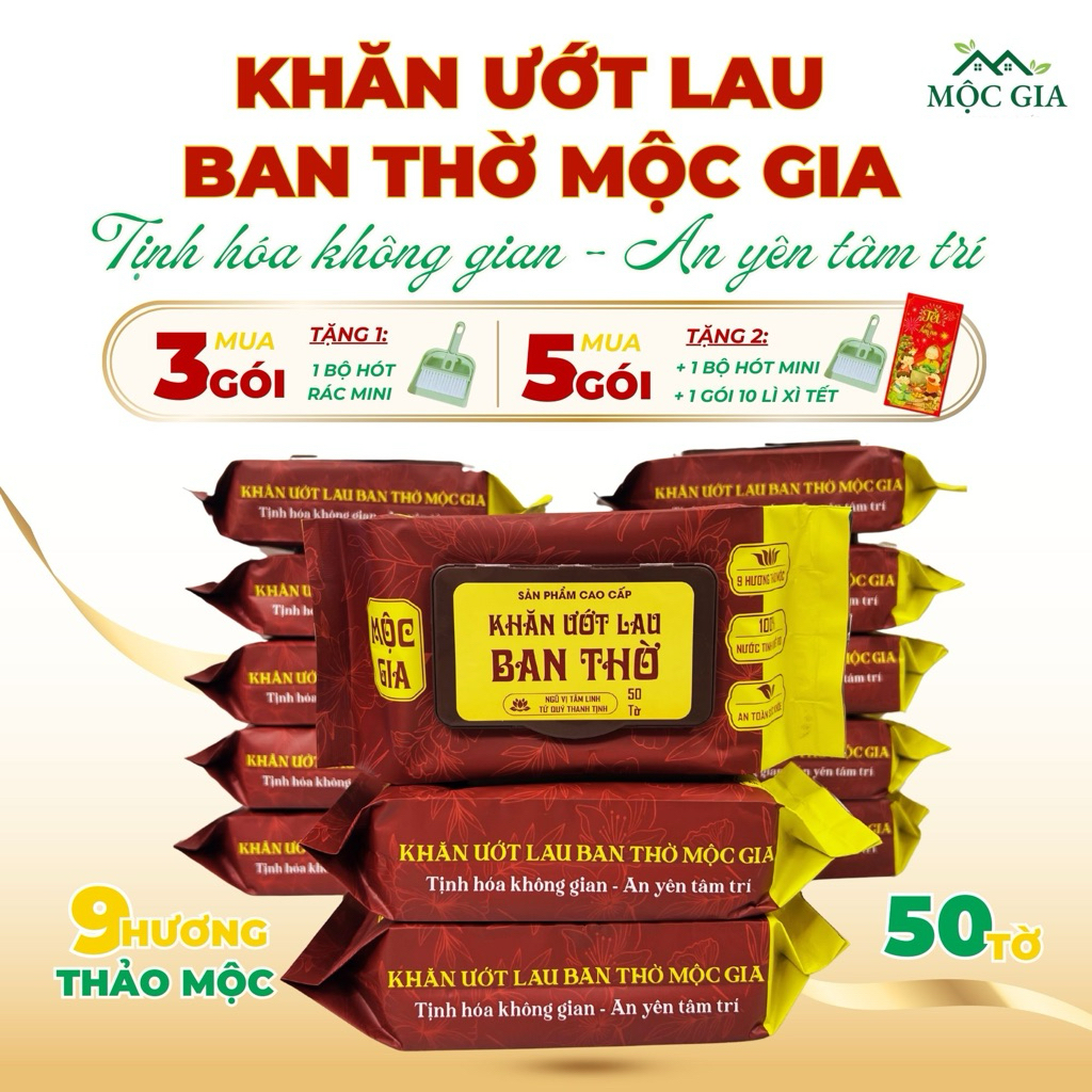 Khăn Ướt Lau Ban Thờ Cao Cấp Mộc Gia, 50 Khăn/Túi Hương Ngũ Vị Tâm Linh, Tứ Quý Thanh Tịnh