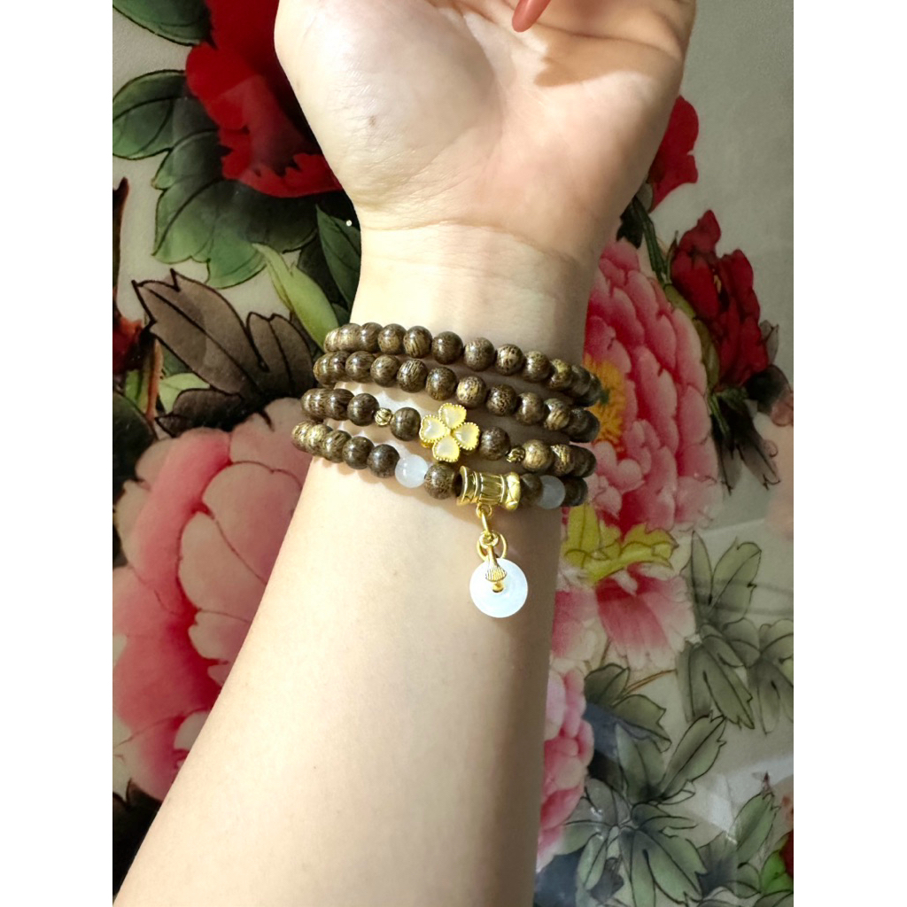 [Tặng Hộp Gấm+Rùa Vàng] Vòng Trầm Hương 108 Hạt mix Cỏ 4 Lá và Đồng Điếu
