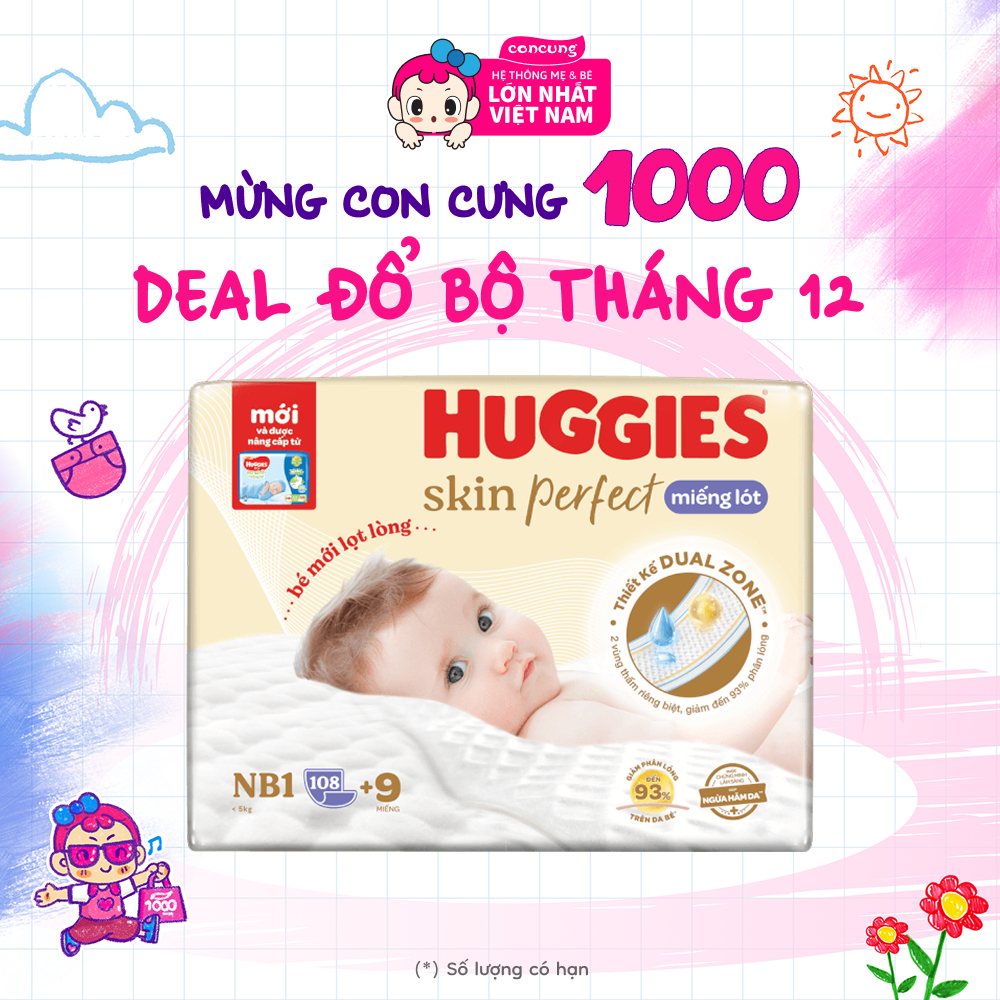 Miếng lót lọt lòng Huggies Skin Perfect (Newborn 1, dưới 5kg, 108 miếng) - concung
