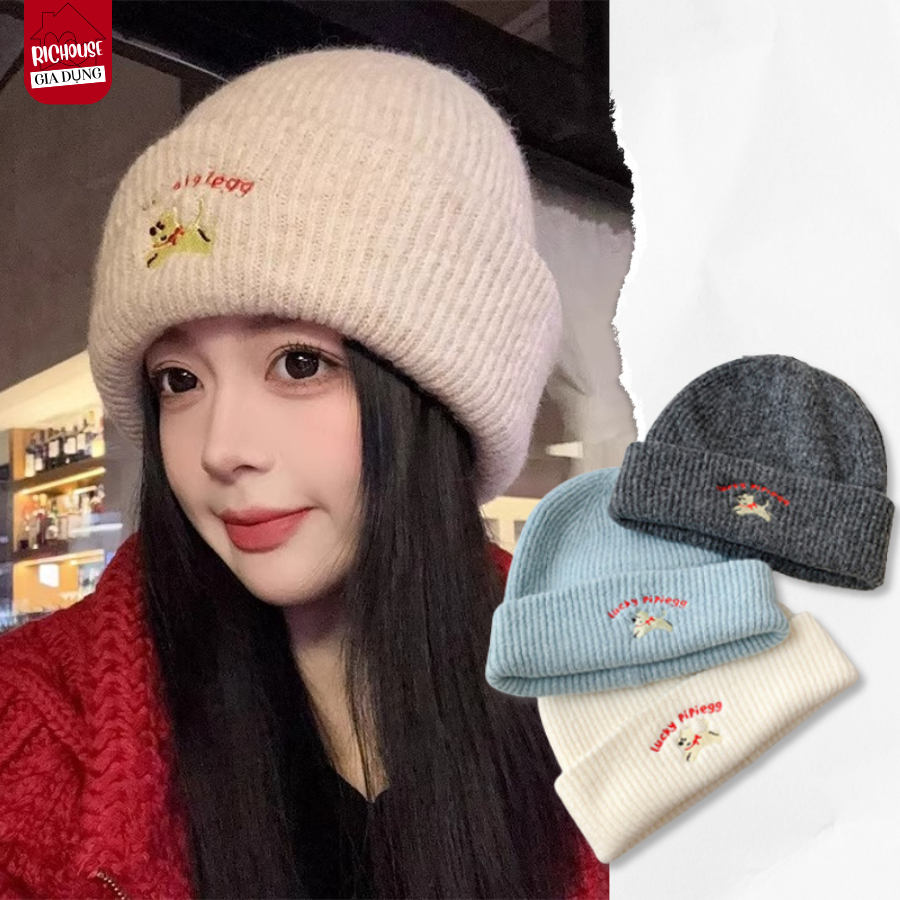 Mũ Len Nữ Chữ Thêu Dễ Thương Beanie Ấm Áp Mùa Đông, Co Giãn 4 Chiều Phù Hợp Mọi Lứa Tuổi