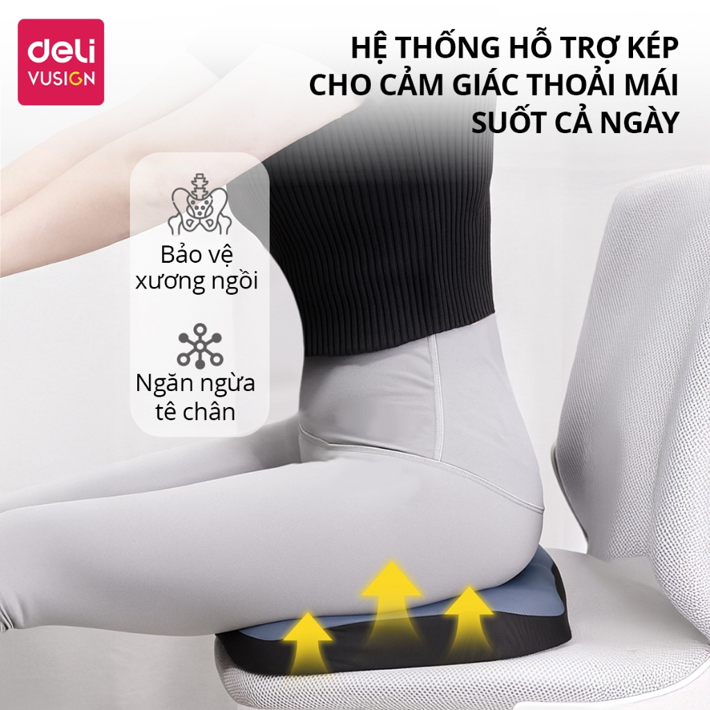 Đệm ghế ngồi văn phòng Deli Thoáng Khí Chống Trĩ Chất Liệu Cao Su Non Giảm Ê Mỏi Điều Chỉnh Tư Thế Ngồi, Dễ Vệ Sinh