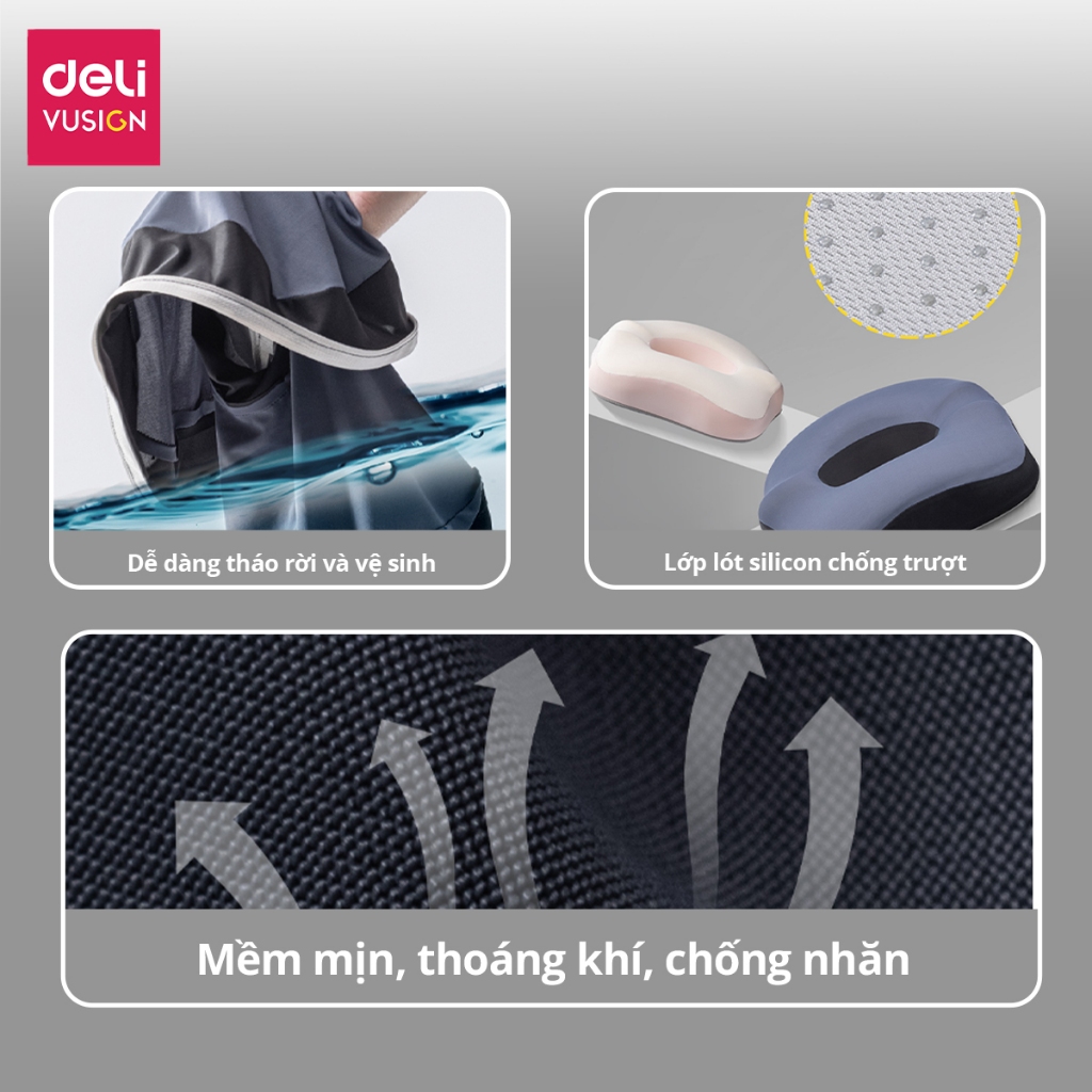 Đệm ghế ngồi văn phòng Deli Thoáng Khí Chống Trĩ Chất Liệu Cao Su Non Giảm Ê Mỏi Điều Chỉnh Tư Thế Ngồi, Dễ Vệ Sinh