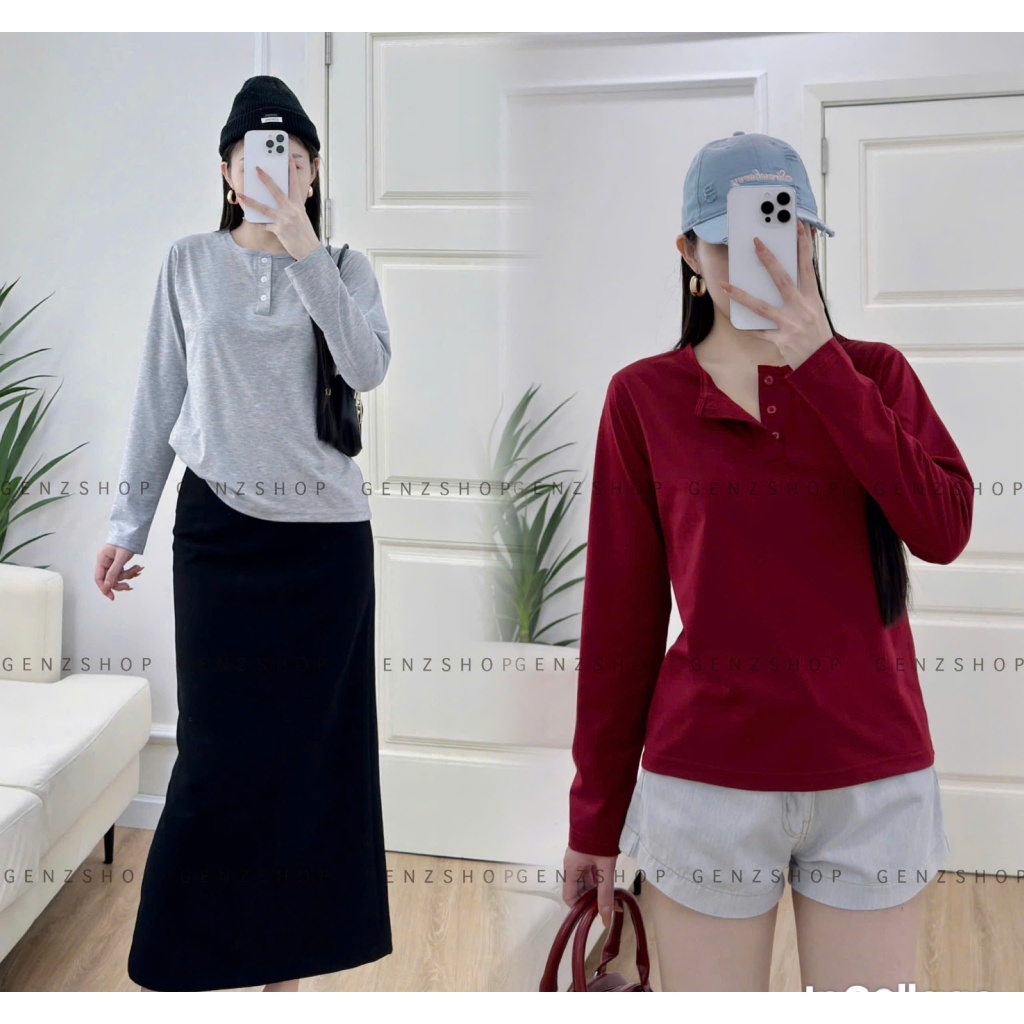 Áo Thun TAY DÀI Cổ CÚC Nữ Basic Xinh Đẹp Hottrend 2026