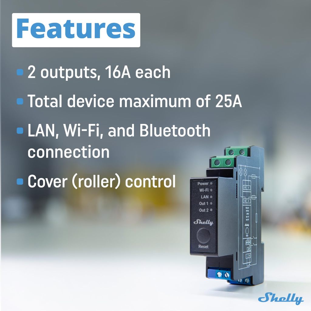 Shelly Pro 2PM 2 Kênh Smart Relay + Đo Điện Tử Wi-Fi / LAN / Bluetooth, Điều Khiển Đèn / Rèm / Cửa
