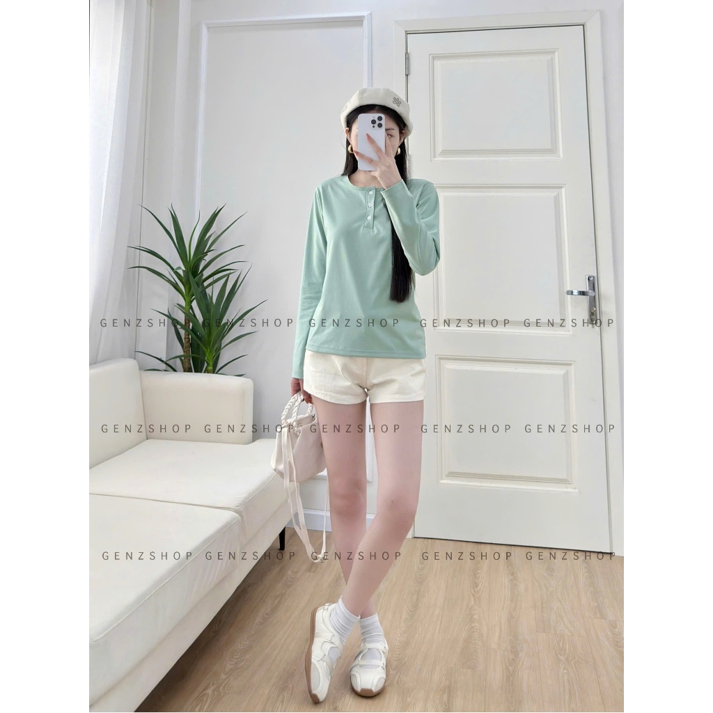 Áo Thun TAY DÀI Cổ CÚC Nữ Basic Xinh Đẹp Hottrend 2026