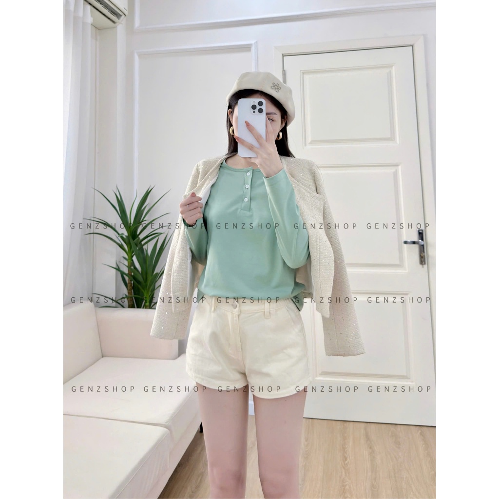 Áo Thun TAY DÀI Cổ CÚC Nữ Basic Xinh Đẹp Hottrend 2026