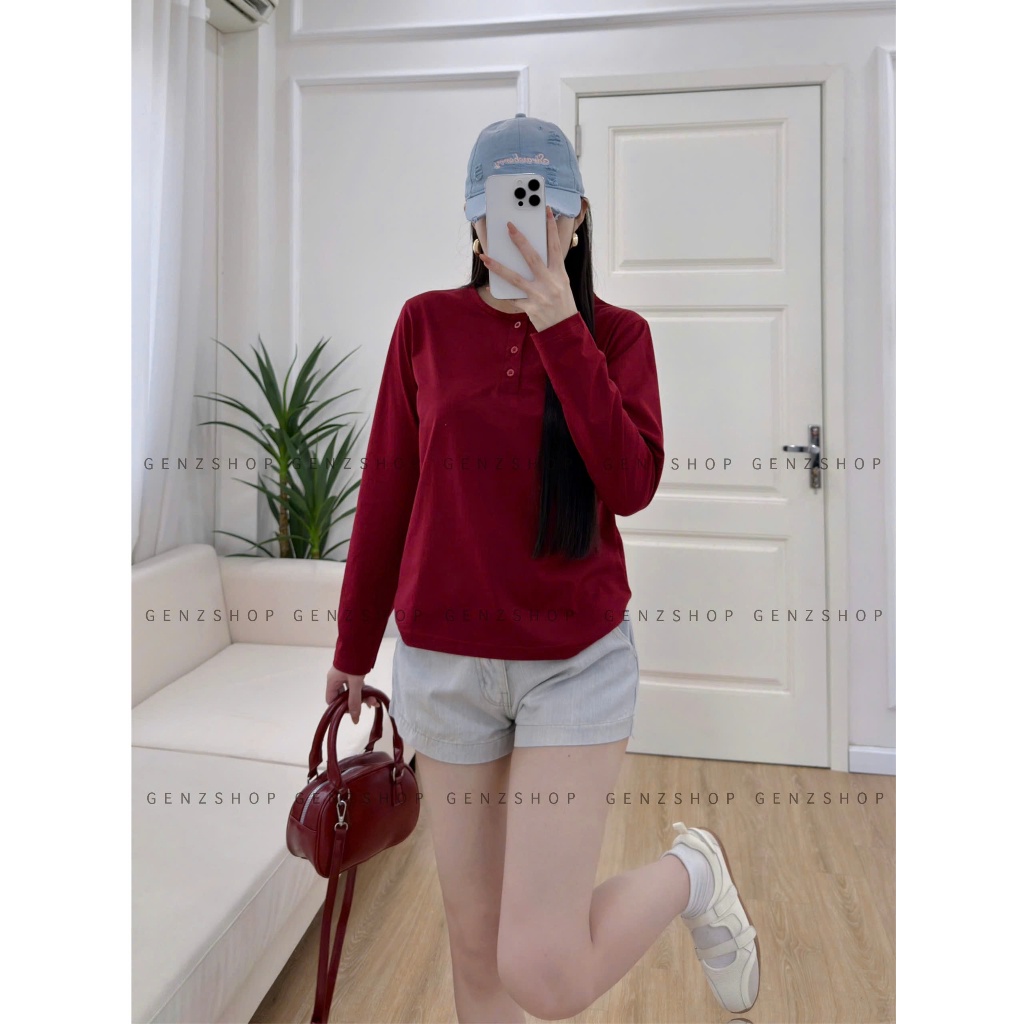 Áo Thun TAY DÀI Cổ CÚC Nữ Basic Xinh Đẹp Hottrend 2026