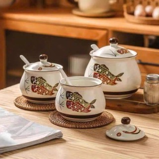 Hũ đựng dầu mỡ , đựng gia vị gốm sứ cao cấp chịu nhiệt cao 1200ml họa tiết Cá có kèm thìa