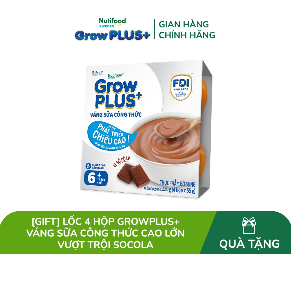 [Gift] Lốc 4 hộp GrowPLUS+ Váng sữa công thức Cao lớn vượt trội Socola
