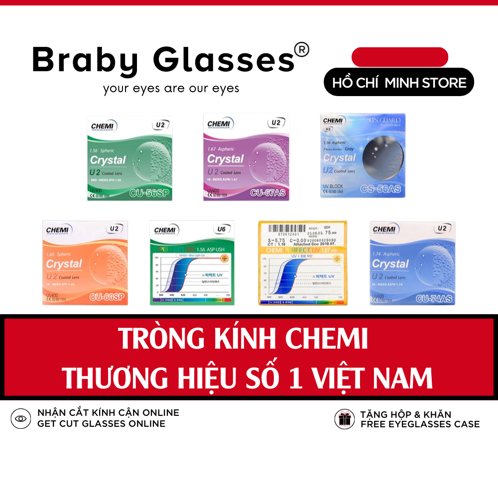Tròng kính cận, loạn, viễn thị Braby Glasses dòng Chemi cao cấp chống tia uv, lọc ánh sáng xanh, đổi màu khi ra nắng