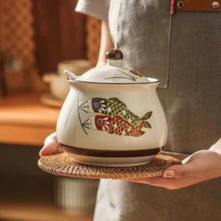 Hũ đựng dầu mỡ , đựng gia vị gốm sứ cao cấp chịu nhiệt cao 1200ml họa tiết Cá có kèm thìa