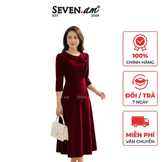 Đầm xòe đỏ đính hoa 3D thời trang nữ Seven.AM H602063I