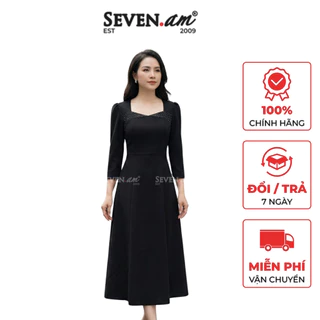 Đầm xòe đen cổ xếp ly đính hạt cườm thời trang nữ Seven.AM H631182K