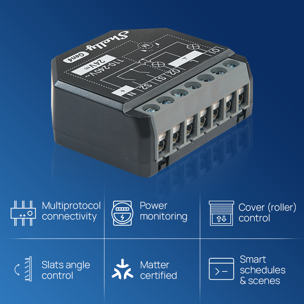 Shelly 2PM Gen4 Smart Switch 2 Kênh Đo Công Suất & Điều Khiển Rèm/Cửa Hỗ Trợ Wi-Fi + Zigbee + Matter