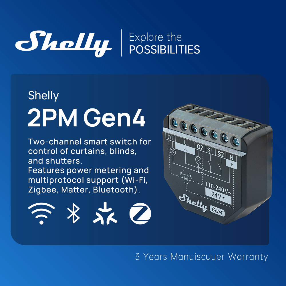 Shelly 2PM Gen4 Smart Switch 2 Kênh Đo Công Suất & Điều Khiển Rèm/Cửa Hỗ Trợ Wi-Fi + Zigbee + Matter