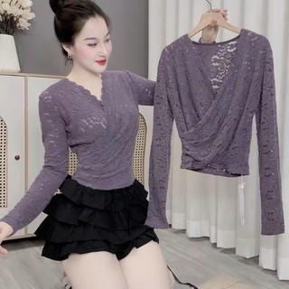 Áo Ren Hoa Cổ Tim Dài Tay Dáng Ôm Co Giãn 4 Chiều Hot Hit, Áo Ren Nữ Mềm Mịn Bị Không Ngứa