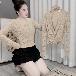 Áo Ren Hoa Cổ Tim Dài Tay Dáng Ôm Co Giãn 4 Chiều Hot Hit, Áo Ren Nữ Mềm Mịn Bị Không Ngứa