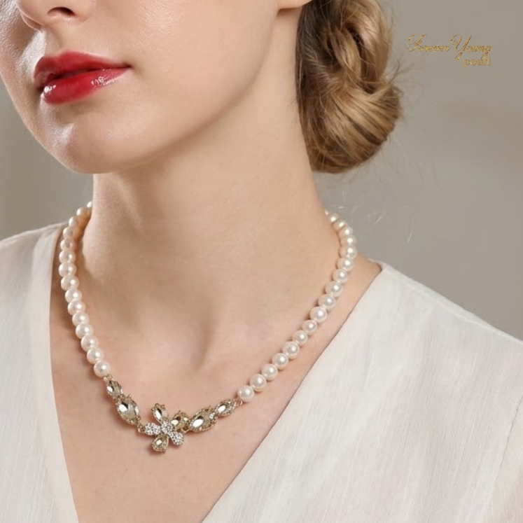 DC360 - Dây chuyền ngọc trai nước ngọt sang trọng, trai 7-8 li, dài 45 - 48 cm mặt vòng đá vàng .Forever Young Pearl