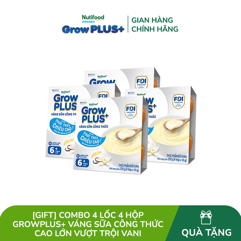 [Gift] Combo 4 Lốc 4 hộp GrowPLUS+ Váng sữa công thức Cao lớn vượt trội Vani