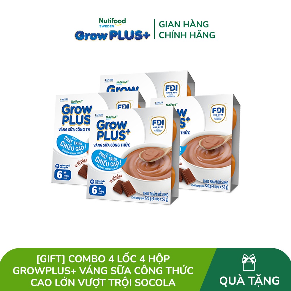 [Gift] Combo 4 Lốc 4 hộp GrowPLUS+ Váng sữa công thức Cao lớn vượt trội Socola