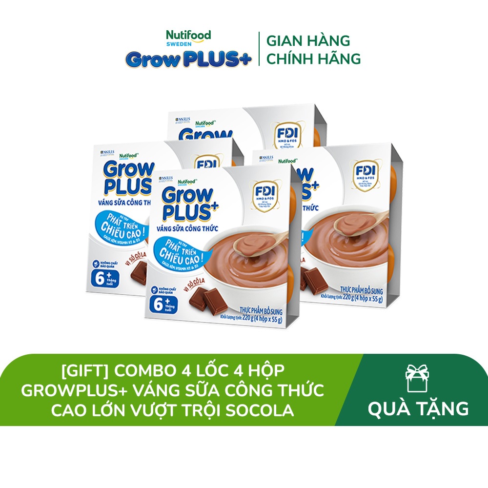 [Gift] Combo 4 Lốc 4 hộp GrowPLUS+ Váng sữa công thức Cao lớn vượt trội Socola