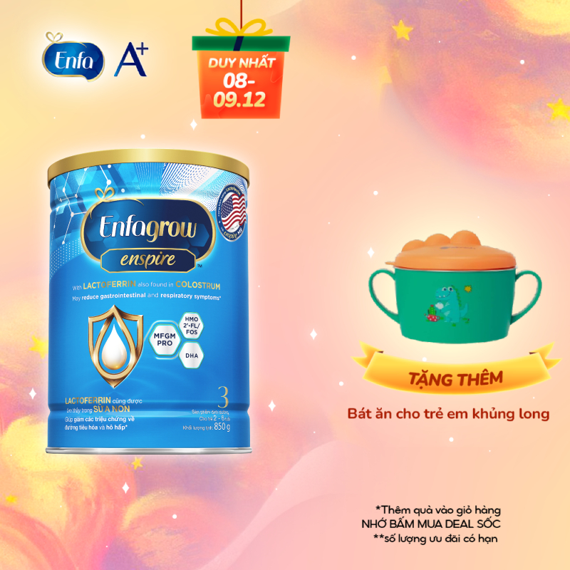 Sữa bột Enfagrow Enspire 3 850g hỗ trợ đề kháng với Lactoferrin dành cho trẻ từ 2-6 tuổi